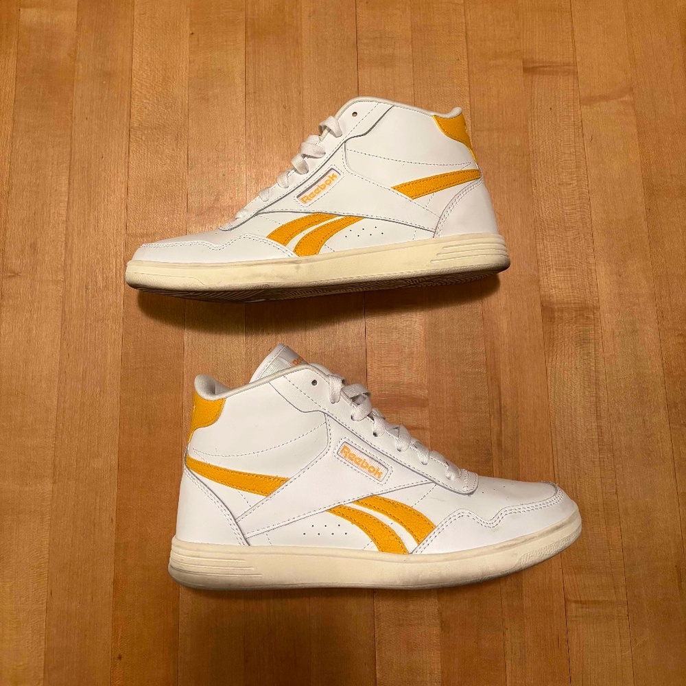 REEBOK - Hi-top Sneakers - White & Yellow — EUC - Size 8 - Genuine Leather